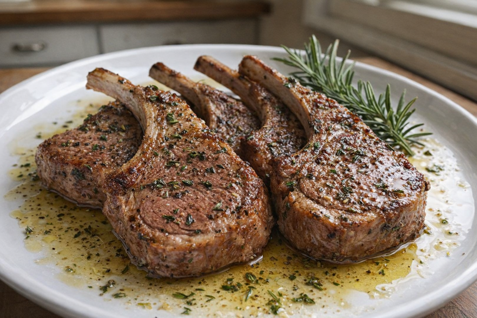 A close-up, high-angle shot of perfectly cooked lamb chops, glistening with olive oil and herbs, arranged on a white plate with a sprig of rosemary as garnish, soft natural light